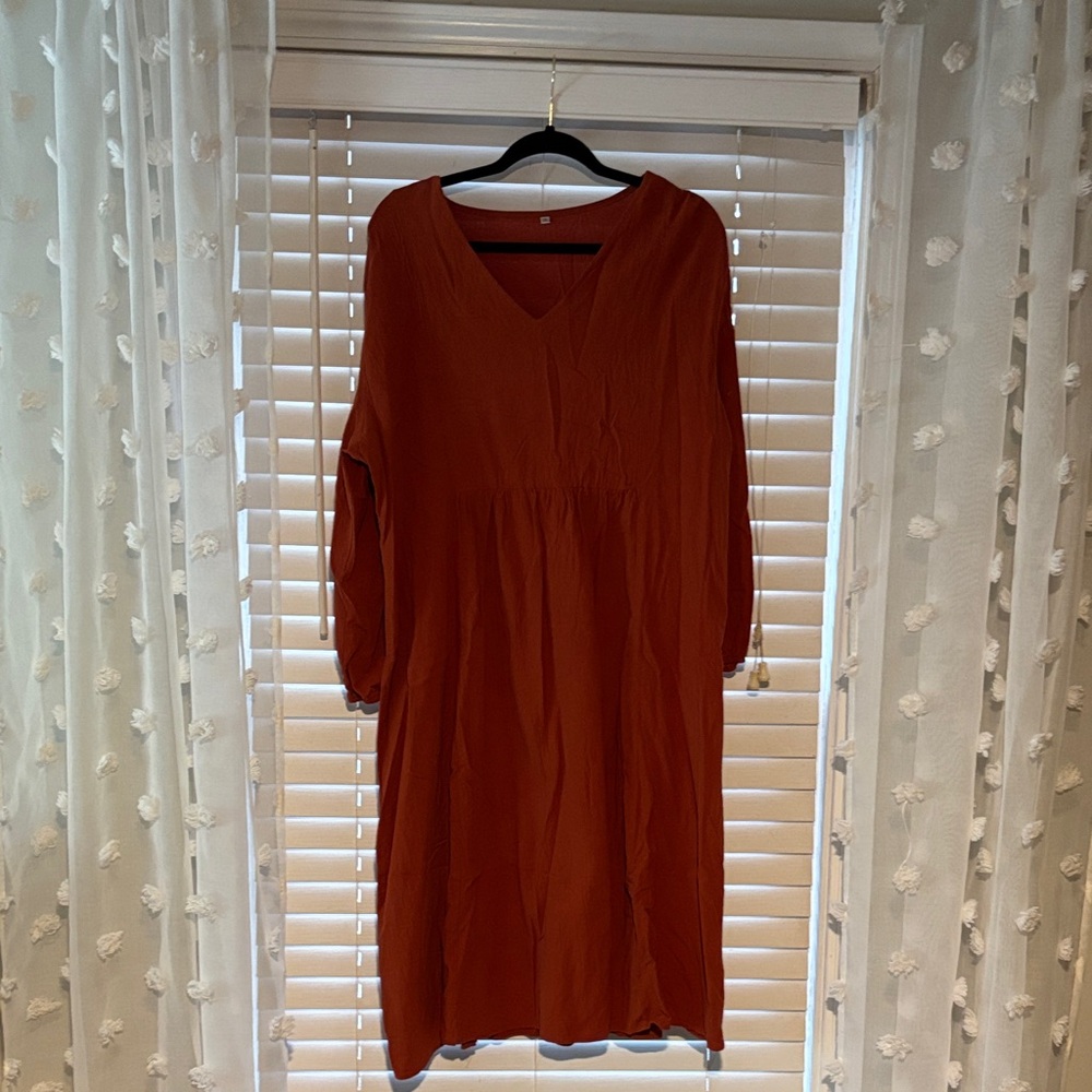 Elegant V-Neck Long Sleeve Dress in Terracotta